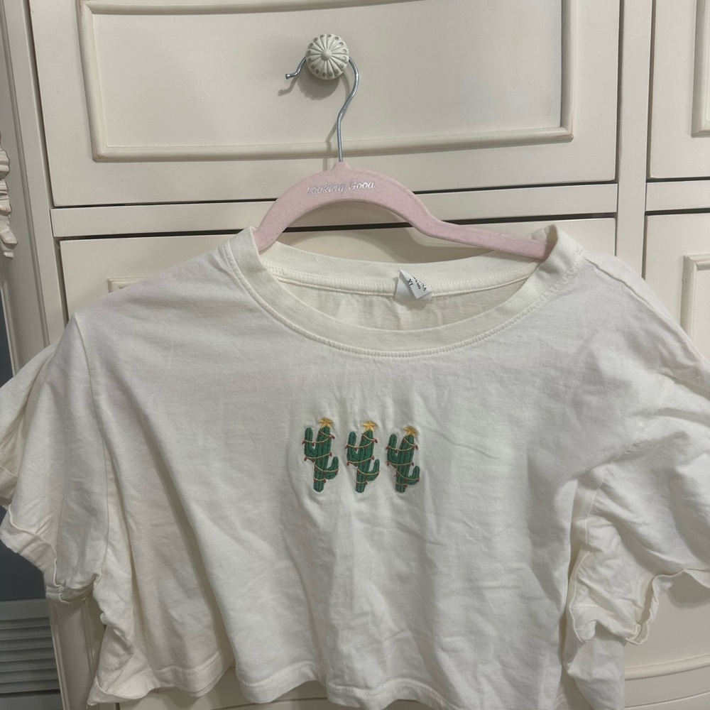 White Crop Top with Cactus Embroidery
